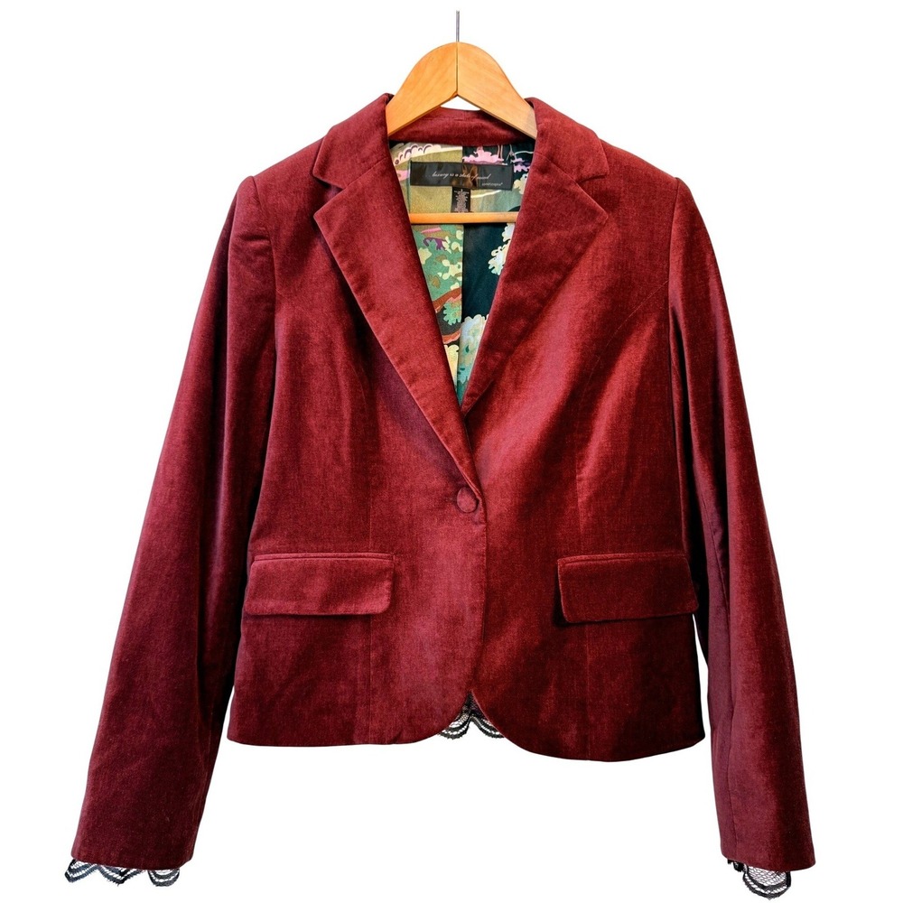 Burgundy Velvet Lace Blazer Dark Romantic Regencyā Sz 8 Dramatic